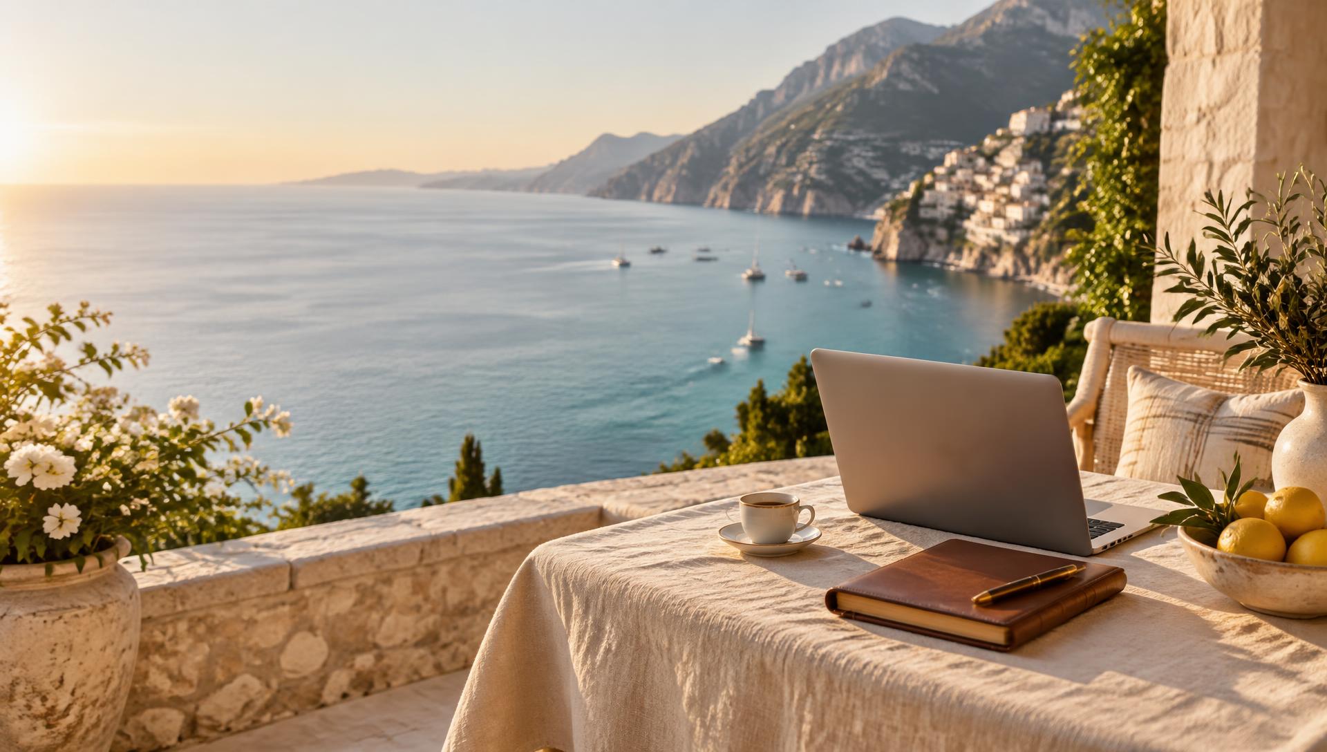 Advisor's desk on a sunlit Mediterranean terrace